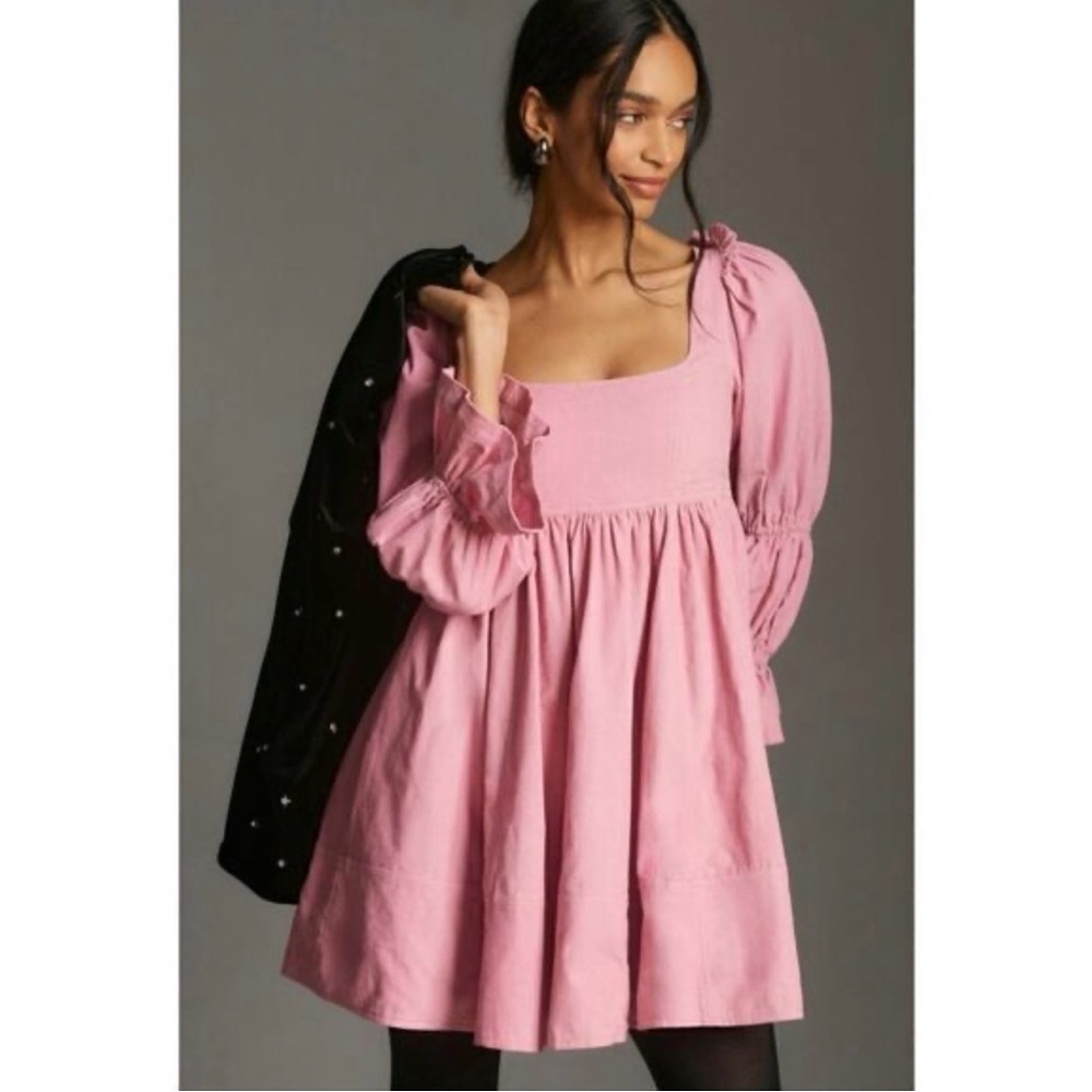 Anthropologie Pilcro pink corduroy babydoll dress Medium long sleeve Ruffles